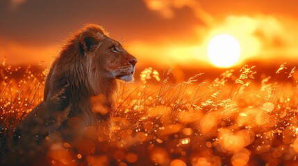 A lion is standing in a field of tall grass, looking at the sun