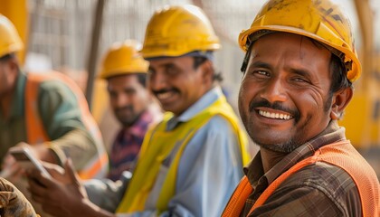 Smiling Worker Using Smartphone on Site
