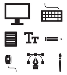 Personal computer devices and digital art symbols- vector silhouette icons set