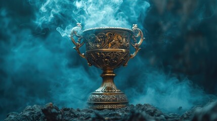 Golden trophy winner cup on smoky aquamarine background - obrazy, fototapety, plakaty