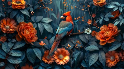 A colorful painting of a bird perched on a branch in a field of flowers