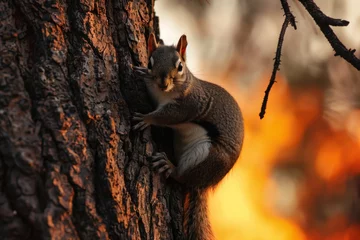 Schilderijen op glas squirrel on tree trunk, fiery horizon in view © primopiano