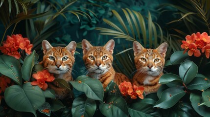 Three cats are sitting in a bush with orange flowers