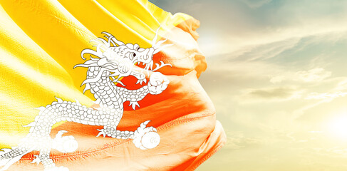 Bhutan national flag waving in the sky.