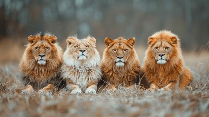 Four lions are sitting in a field, with one of them looking at the camera