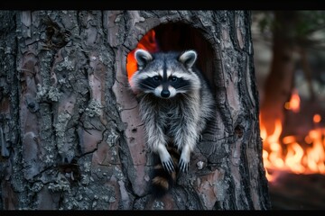 raccoon in tree hollow, glowing forest fire nearby