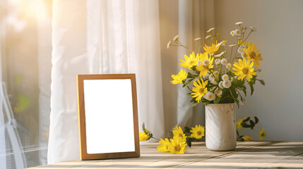 Sunny spring setup with wild flowers and empty picture frame. Picture frame mockup.