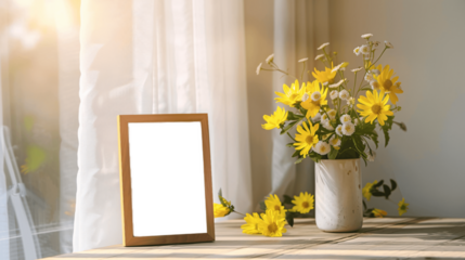 Sunny spring setup with wild flowers and empty picture frame. Picture frame mockup.