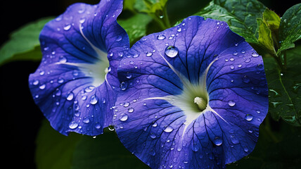  Dewdrops glistening on the velvety petals of a morning glory. - obrazy, fototapety, plakaty