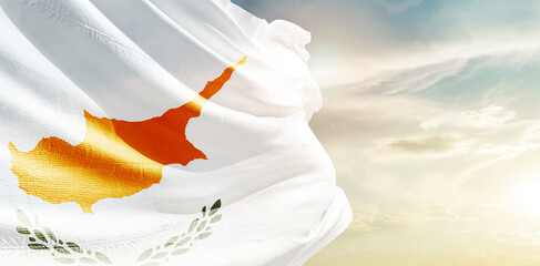 Cyprus national flag waving in the sky. - obrazy, fototapety, plakaty