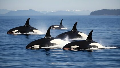 A Pod Of Killer Whales Hunting Together In The Ope