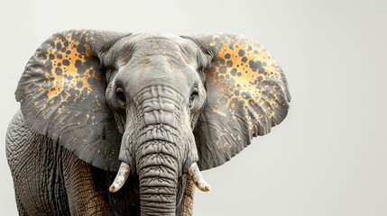 An elephant with a large ear and a splash of yellow paint on its face