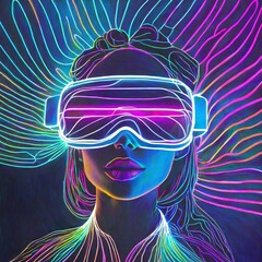 Neonowy rysunek z kobietą w goglach VR - obrazy, fototapety, plakaty