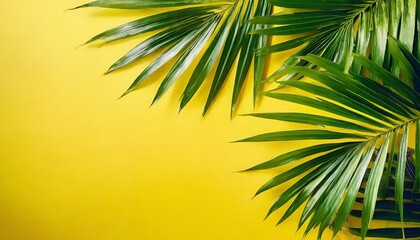 Liście palmy na żółtym tle. Letnie tło - obrazy, fototapety, plakaty