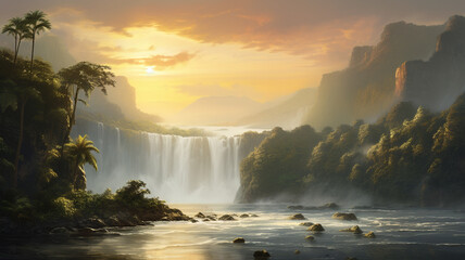 A tranquil lagoon forms at the base of a majestic waterfall, blending seamlessly into a pristine...