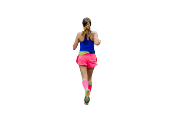 rear view woman running in bright sportswear isolated on transparent background
