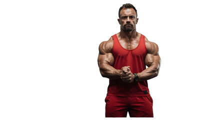 confident bodybuilder showcasing his muscular physique in a red tank top and matching shorts against a white background, png.