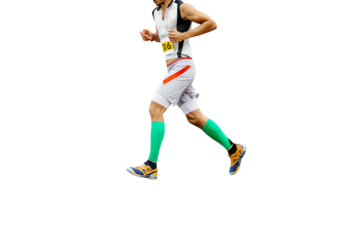 man athlete athlete running in compression sleeves on legs isolated on transparent background