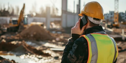 Construction worker holding mobile phone 