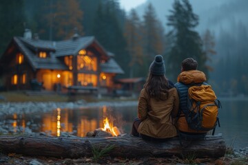 Fototapeta premium Twilight Serenity by the Lake With a Cozy Cabin and a Couple Enjoying the Campfire