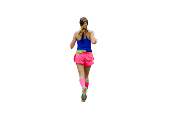 rear view woman running in bright sportswear isolated on transparent background