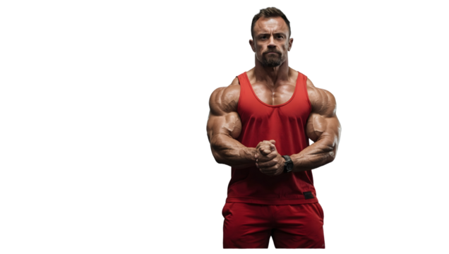 confident bodybuilder showcasing his muscular physique in a red tank top and matching shorts against a white background, png.