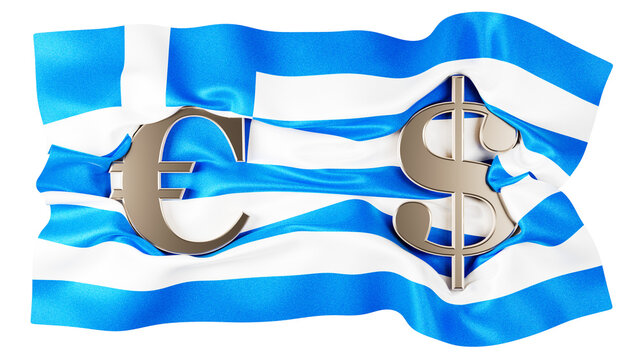 Euro and Dollar Currency Signs Intertwined on the Greek Flag's Striking Blue and White