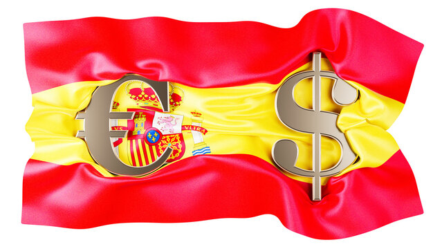 Entwined Euro and Dollar Signs on the Vibrant Spanish Flag with Coat of Arms