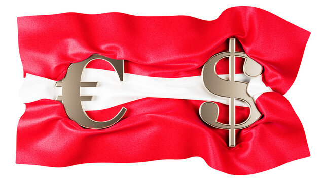 Melding of Euro and Dollar Signs Over the Bright Silk of Austria’s National Flag
