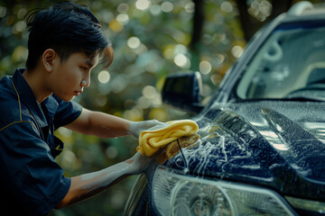 Teenager cleanis car using a soft yellow washcloth