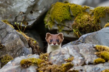 weasel peeking from a burrow amidst rocks and moss - obrazy, fototapety, plakaty