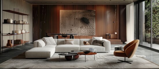 Stylish living room with contemporary aesthetics and a subdued color palette. - obrazy, fototapety, plakaty