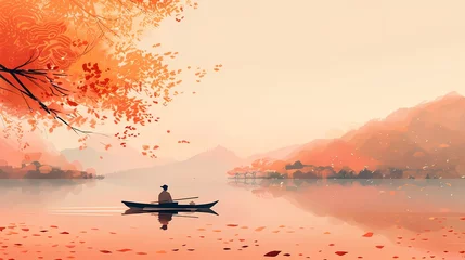 Poster orange and pink autumn river traditional landscape illustration background poster © jinzhen