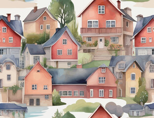 さまざまな家が並ぶ景色の水彩イラスト　Generative AI