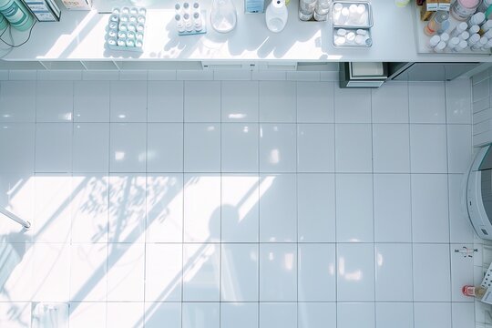 A sterile, white-tiled floor stretching towards a counter with empty prescription bottles and scales. 