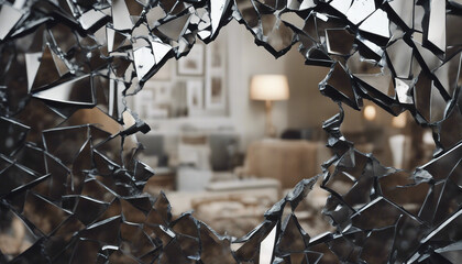 a shattered mirror. The shards reflect warped and distorted versions of the room, but one shard reveals a glimpse of a hidden doorway. - obrazy, fototapety, plakaty