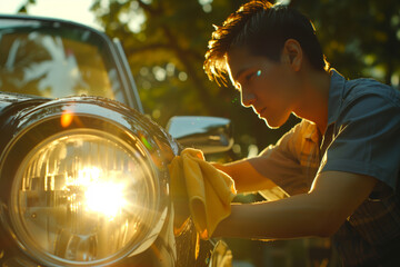 Teenager waxing and polishing his retro car using a soft yellow washcloth - obrazy, fototapety, plakaty