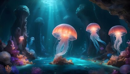 Enchanting Underwater Cavern Adorned With Glowing