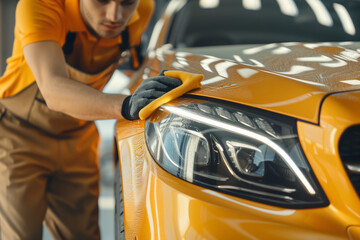 Yellow car waxing and polishing using a soft yellow washcloth .