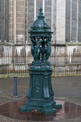 Obraz premium Focus on a green fully restored Wallace fountain made at the end of the 19th century and installed in Nancy around the 1980s in the old town.