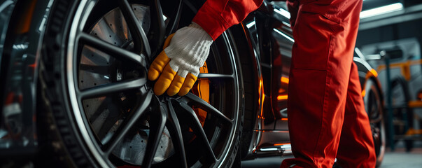 A mechanic is changing the wheels in his workshop, with a close-up on gloved hands holding tools. - obrazy, fototapety, plakaty
