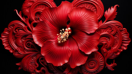 The intricate patterns of a crimson hibiscus in full bloom