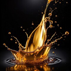 Dynamic gold liquid splash, bursting oil droplets water impact - 769497223