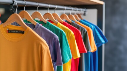 Fototapeta premium colorful cotton t-shirts on hangers. generative ai
