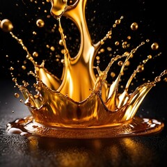 Dynamic gold liquid splash, bursting oil droplets water impact - 769497247