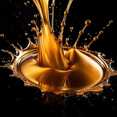 Dynamic gold liquid splash, bursting oil droplets water impact - 769497250