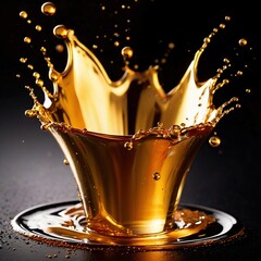 Dynamic gold liquid splash, bursting oil droplets water impact - 769497251