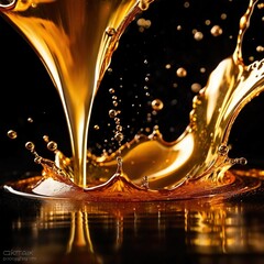 Dynamic gold liquid splash, bursting oil droplets water impact - 769497255