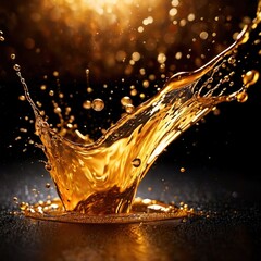 Dynamic gold liquid splash, bursting oil droplets water impact - 769497257