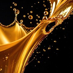 Dynamic gold liquid splash, bursting oil droplets water impact - 769497261
